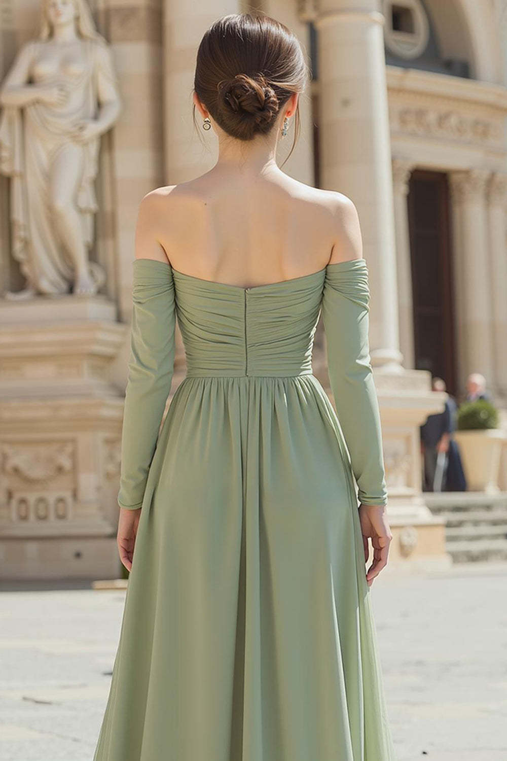 Sage Green A-Line Off the Shoulder Chiffon Long Bridesmaid Dress with Sleeves