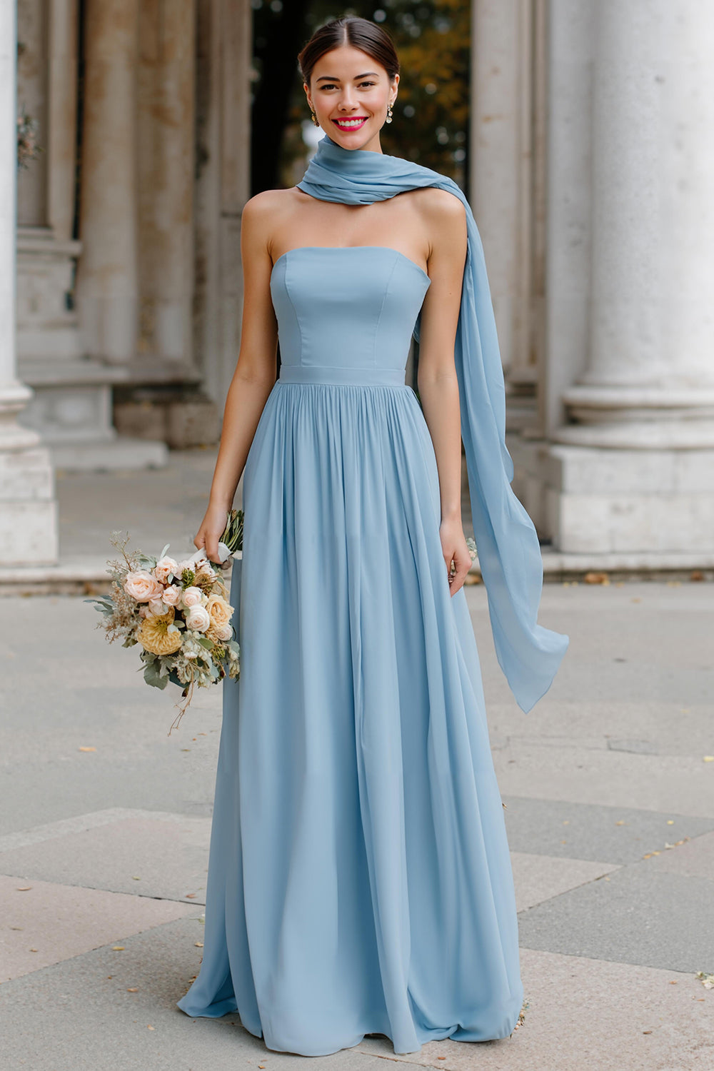Dusty Blue Strapless Chiffon Neck Scarf A-Line Long Bridesmaid Dress