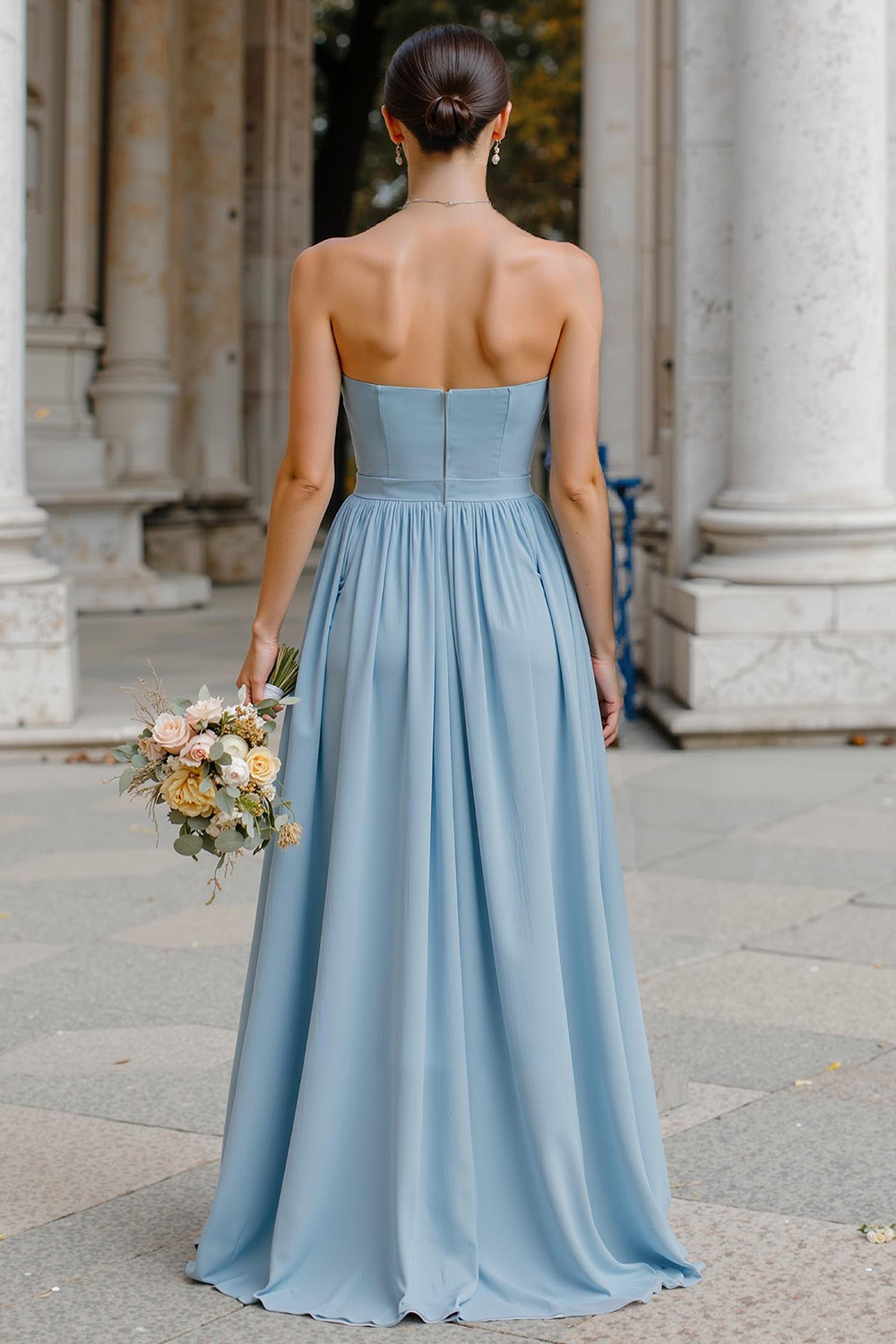 Dusty Blue Strapless Chiffon Neck Scarf A-Line Long Bridesmaid Dress