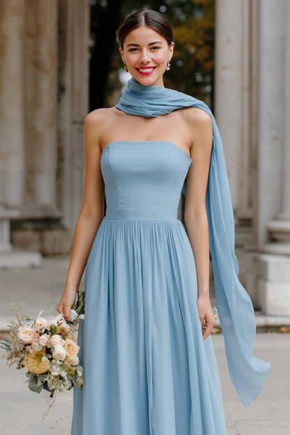 Dusty Blue Strapless Chiffon Neck Scarf A-Line Long Bridesmaid Dress