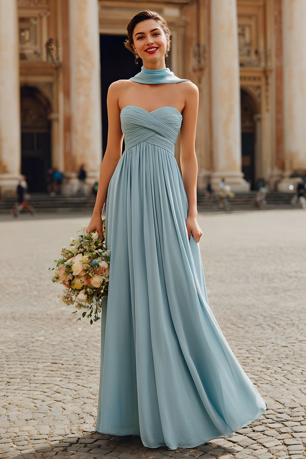 Leely Women Simple Dusty Blue Chiffon Ruched Maxi Bridesmaid Dress Sweetheart A-Line Wedding Guest Dress