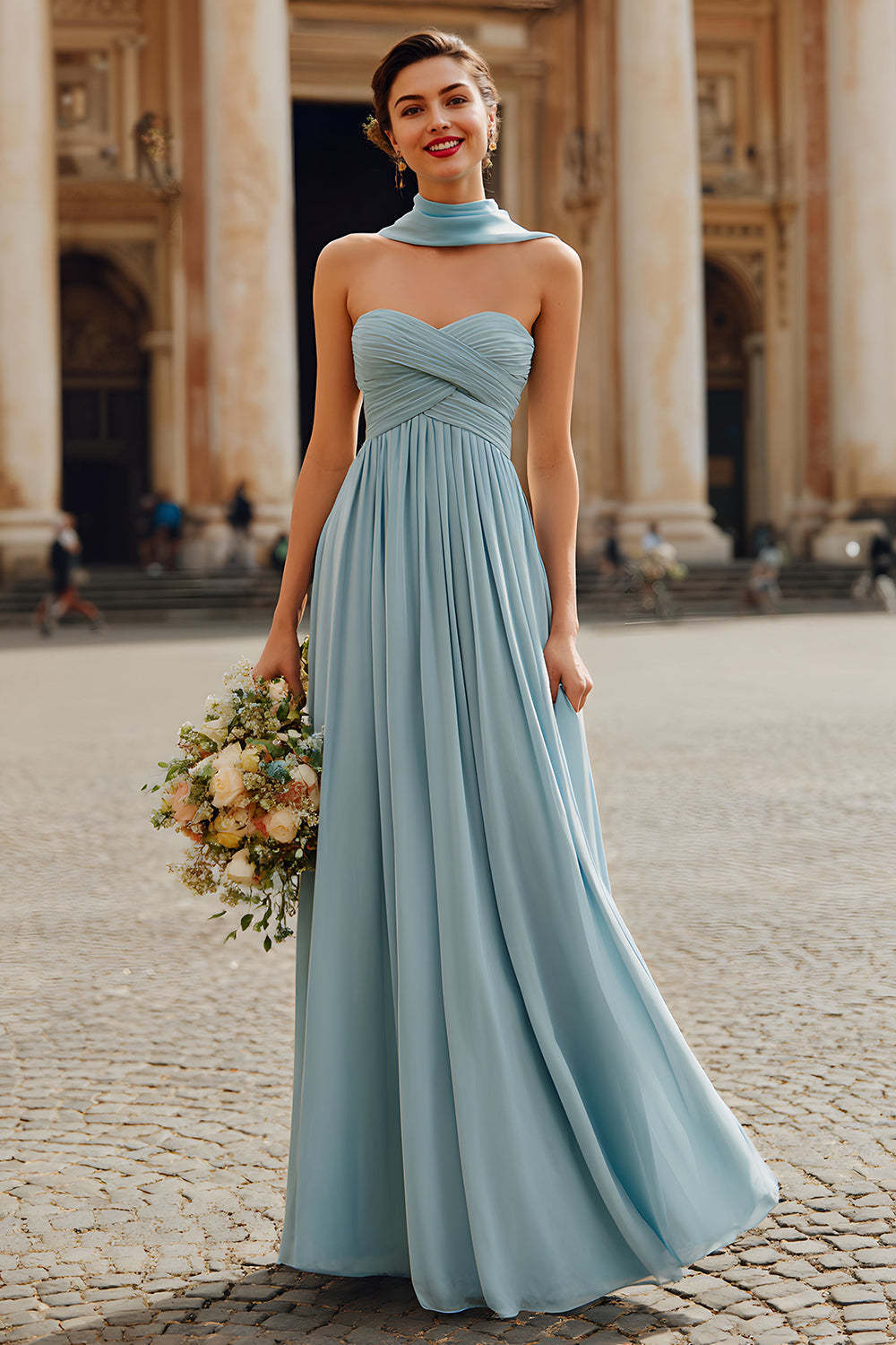 Leely Women Simple Dusty Blue Chiffon Ruched Maxi Bridesmaid Dress Sweetheart A-Line Wedding Guest Dress