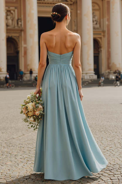Dusty Blue Sweetheart Chiffon A-Line Ruched Maxi Bridesmaid Dress