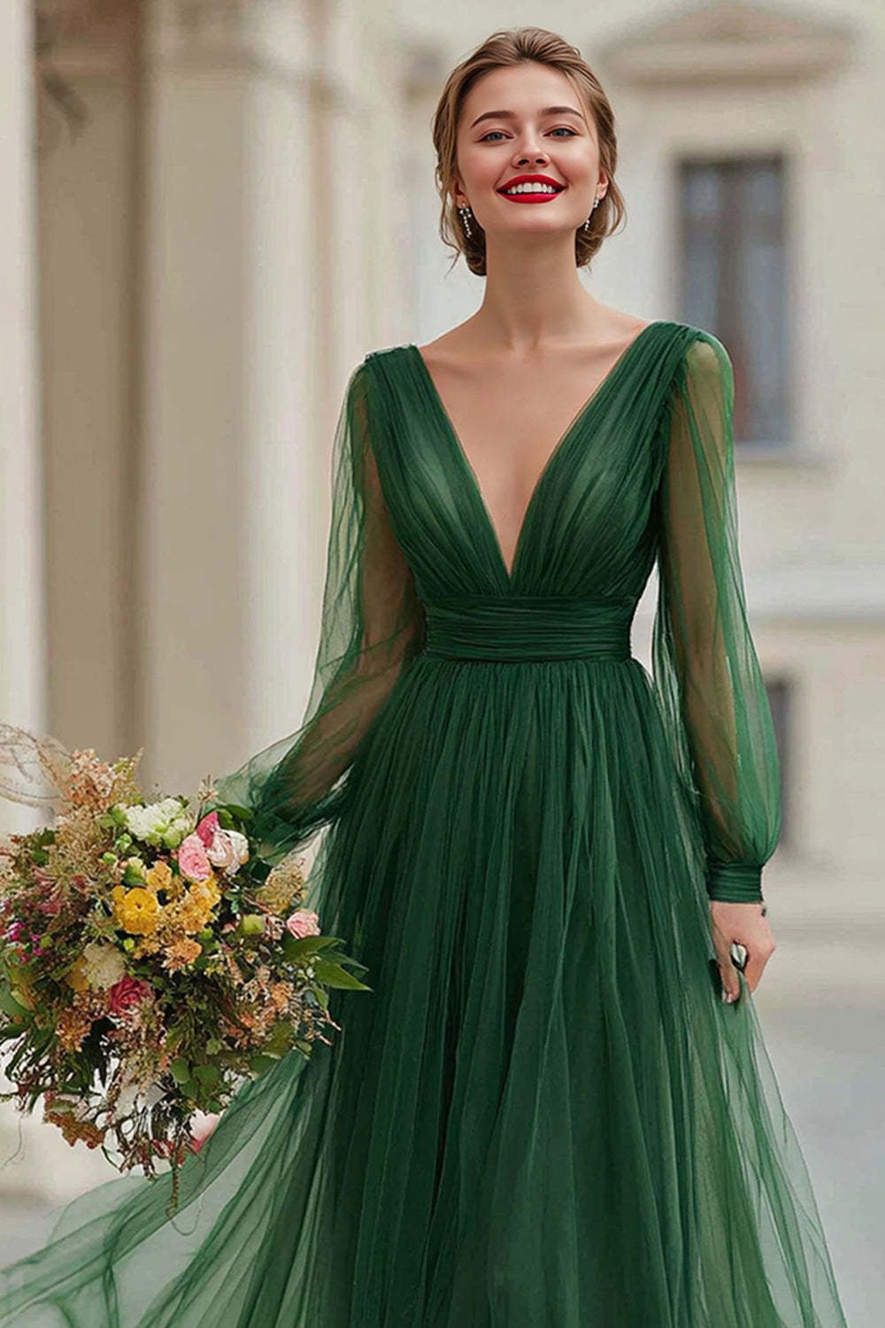 Dark Green Tulle V-Neck A-Line Maxi Bridesmaid Dress with Sleeves