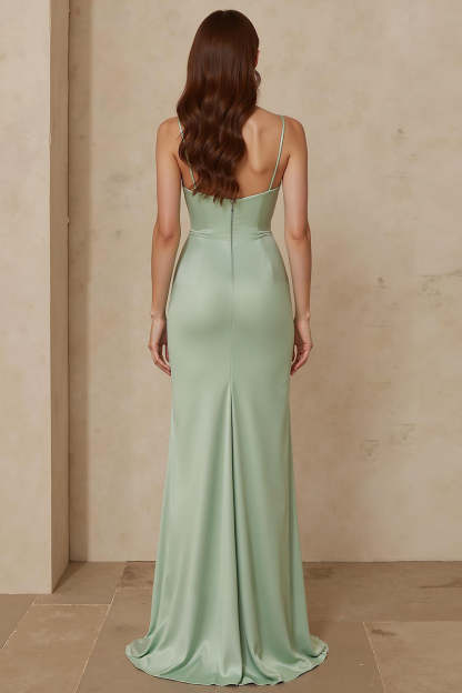 Dusty Sage Satin Spaghetti Straps Mermaid Long Bridesmaid Dress with Slit