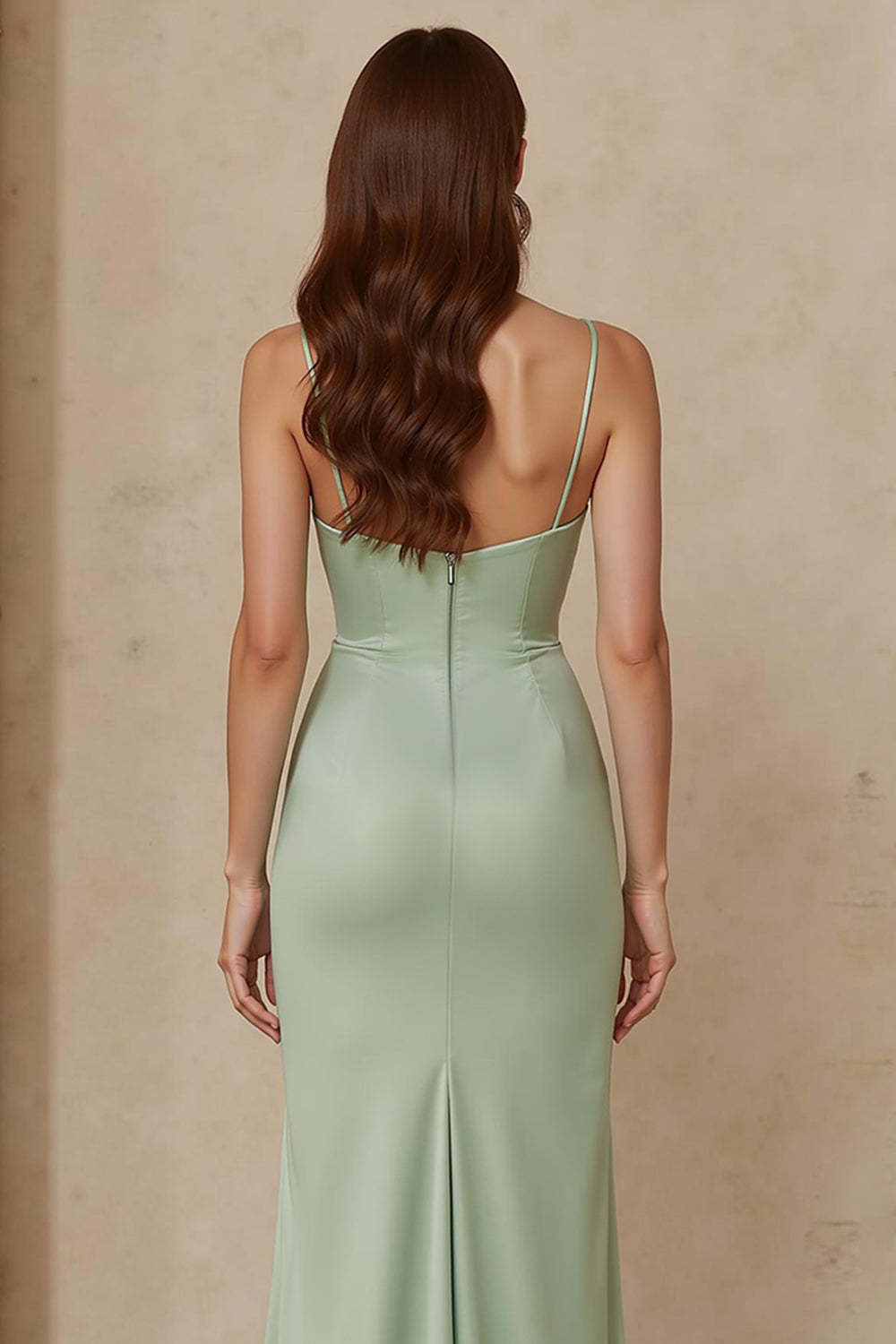 Dusty Sage Satin Spaghetti Straps Mermaid Long Bridesmaid Dress with Slit