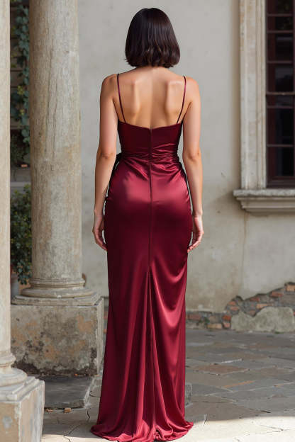 Burgundy Spaghetti Straps Mermaid Satin Long Bridesmaid Dress with Slit