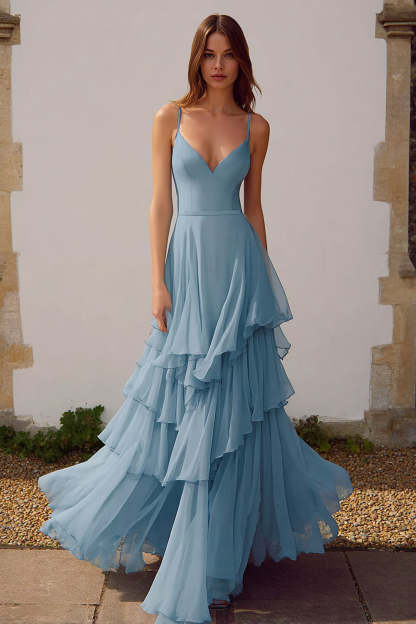 Leely Women Dusty Blue Chiffon Ruffled Long Bridesmaid Dress Tiered Spaghetti Straps A-Line Wedding Guest Dress