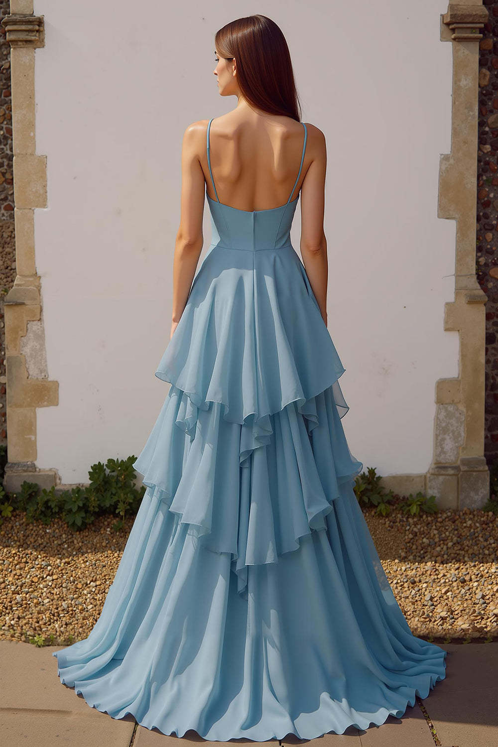 Dusty Blue Ruffled Spaghetti Straps Chiffon A-Line Long Bridesmaid Dress