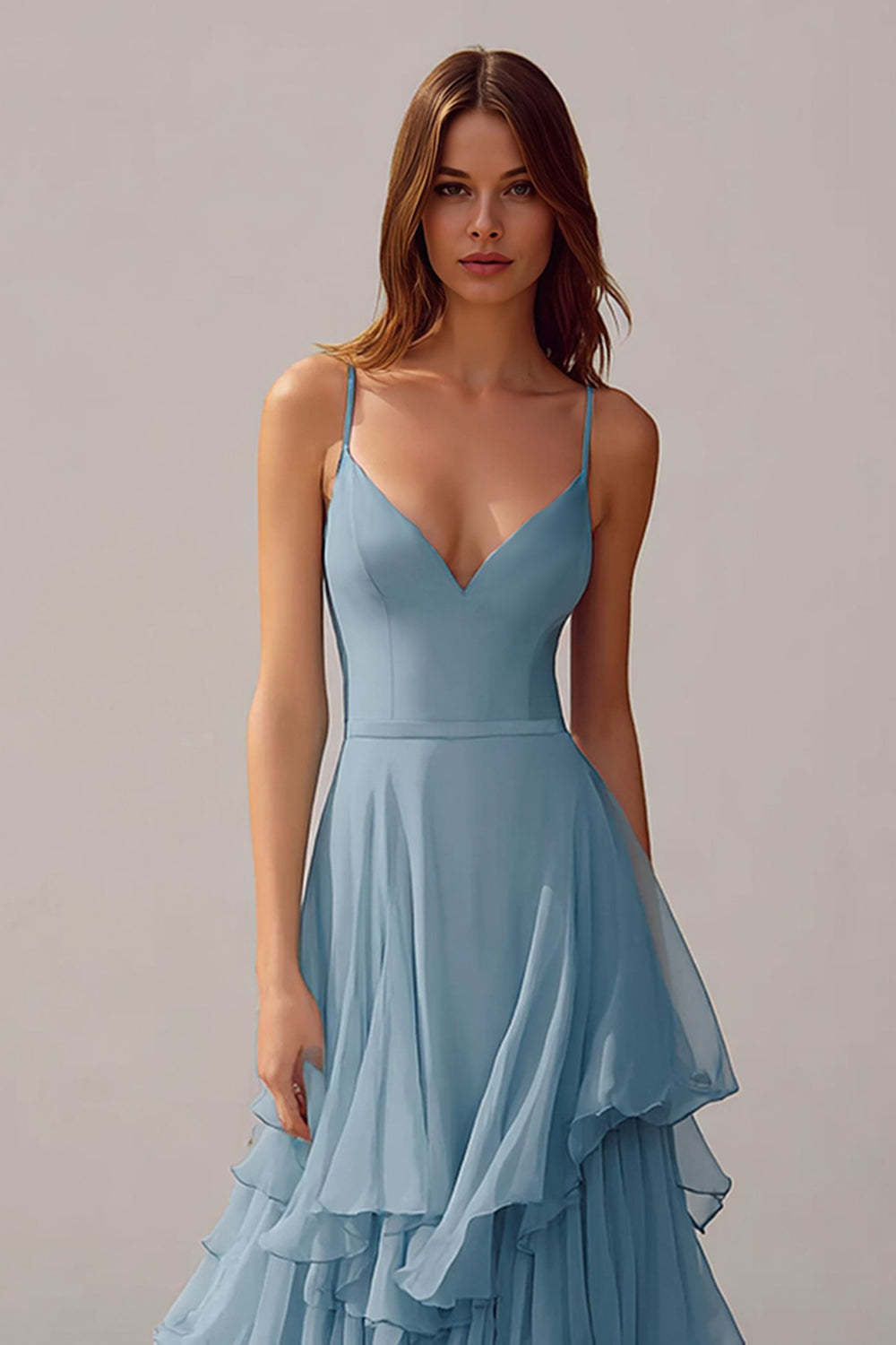 Dusty Blue Ruffled Spaghetti Straps Chiffon A-Line Long Bridesmaid Dress