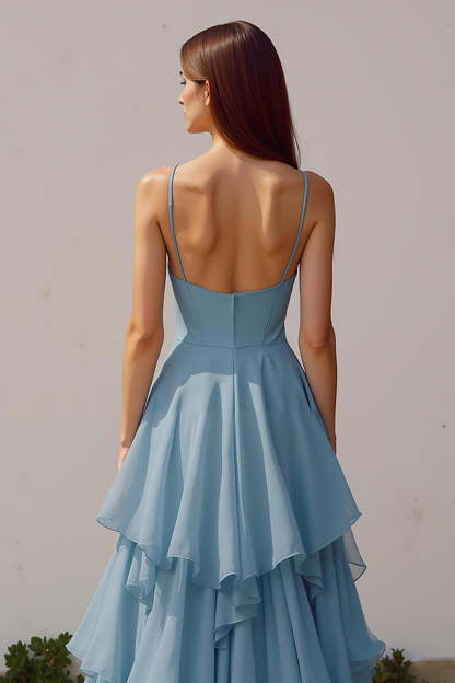 Dusty Blue Ruffled Spaghetti Straps Chiffon A-Line Long Bridesmaid Dress