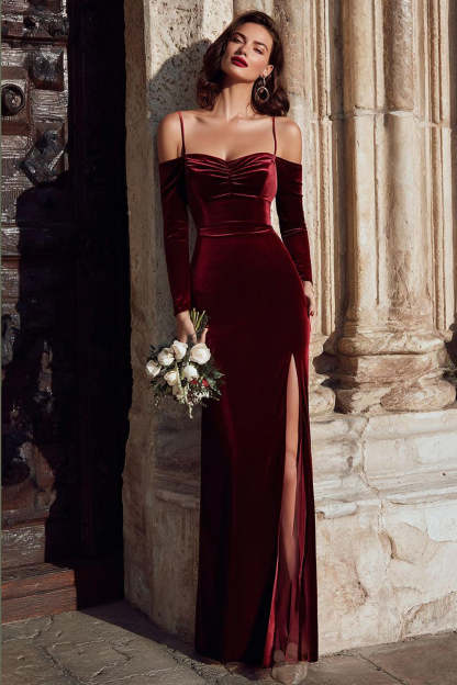 Leely Women Burgundy Velvet Cold Shoulder Bridesmaid Dress with Sleeves Sheath Long Wedding Guest Dress