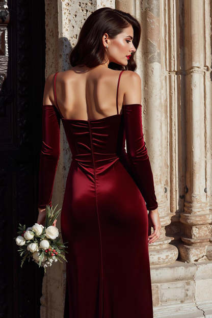 Burgundy Sheath Cold Shoulder Velvet Long Bridesmaid Dress with Sleeves