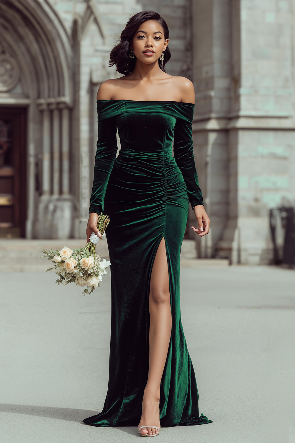 Pine Green Mermaid Off the Shoulder Velvet Long Bridesmaid Dress with Slit