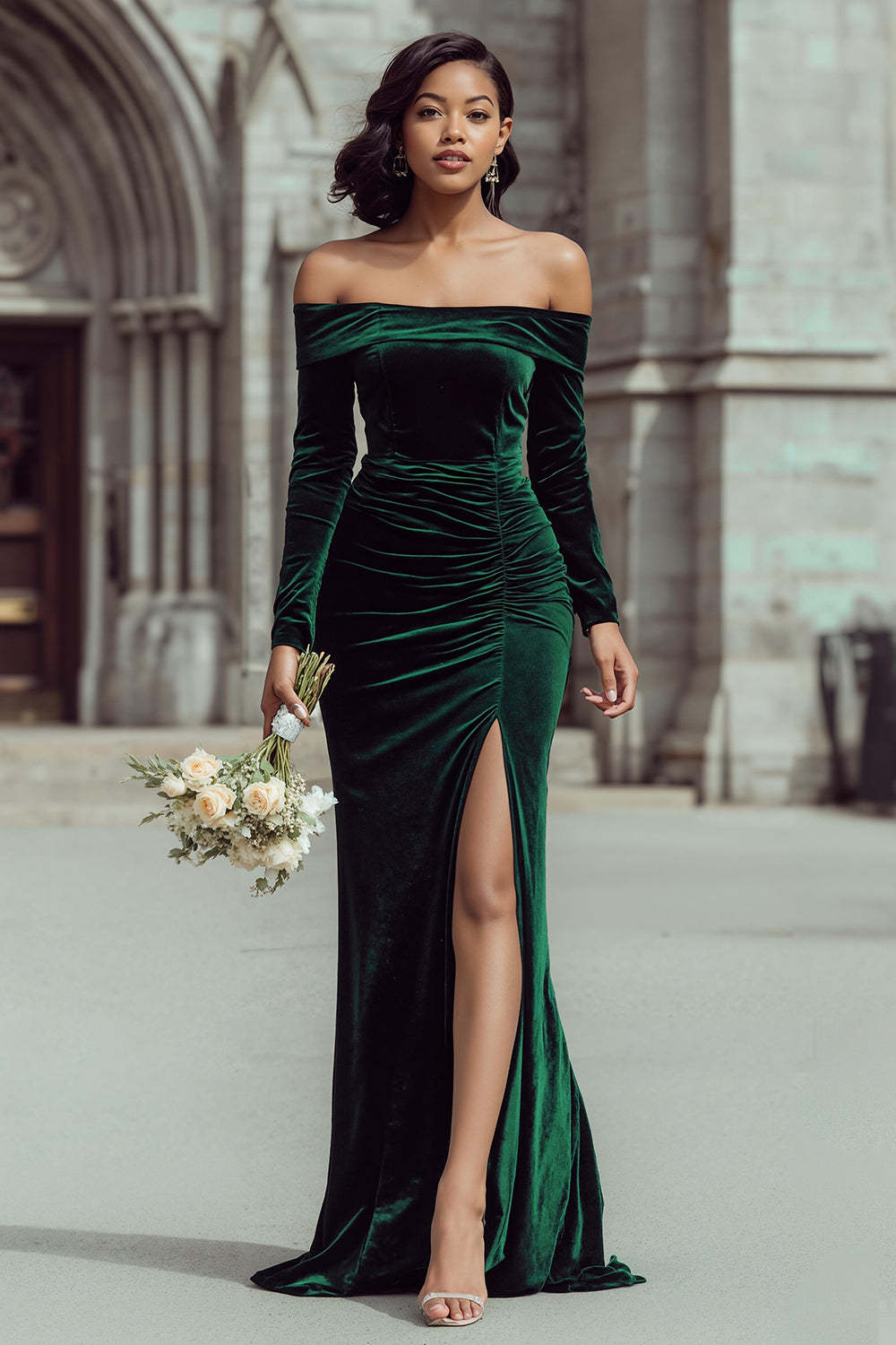 Leely Women Pine Green Mermaid Velvet Long Bridesmaid Dress with Slit Off the Shoulder Long Sleeves Wedding Guest Dress