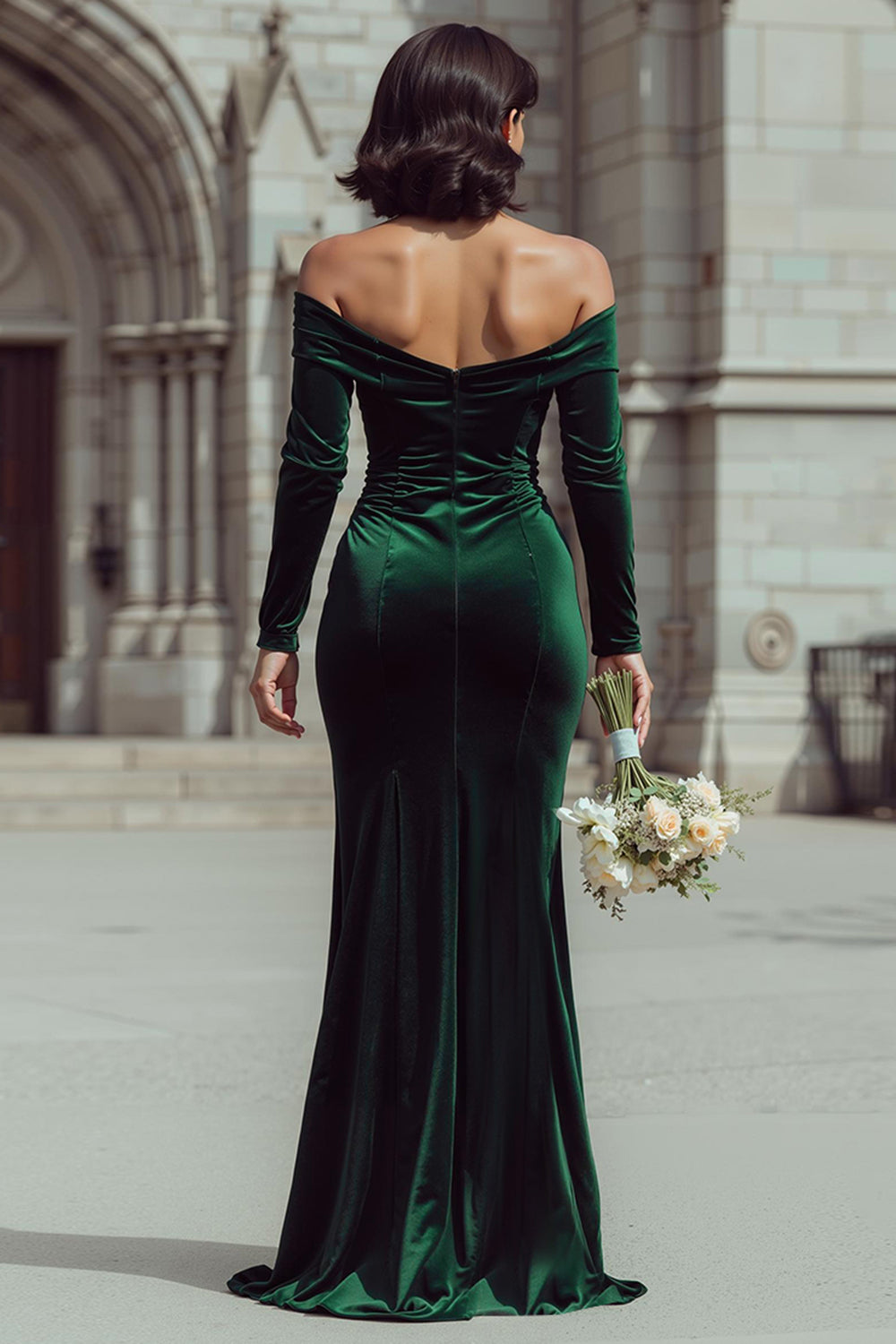 Pine Green Mermaid Off the Shoulder Velvet Long Bridesmaid Dress with Slit