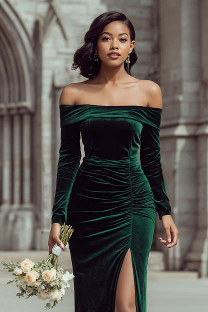 Pine Green Mermaid Off the Shoulder Velvet Long Bridesmaid Dress with Slit