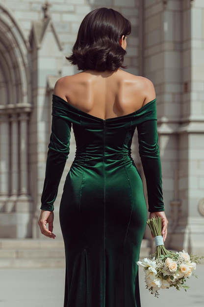 Pine Green Mermaid Off the Shoulder Velvet Long Bridesmaid Dress with Slit
