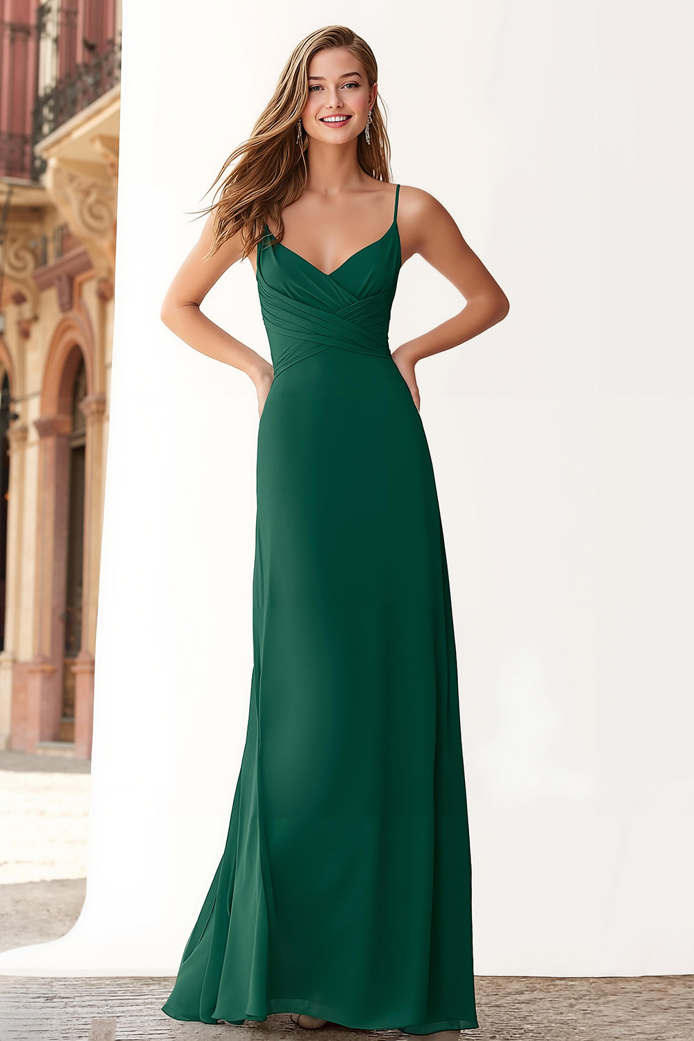 Leely Women Dark Green A-Line Chiffon Long Bridesmaid Dress Simple Spaghetti Straps Wedding Guest Dress