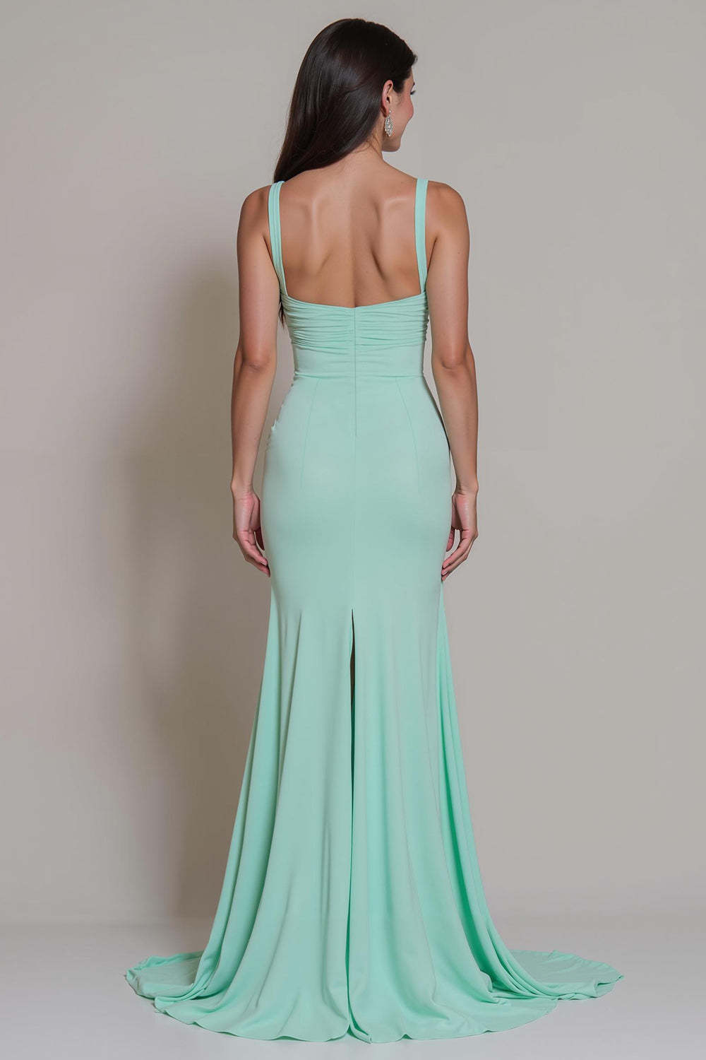 Mint Green Mermaid Spaghetti Straps Long Bridesmaid Dress with Slit