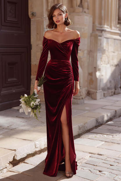 Leely Women Burgundy Mermaid Velvet Long Bridesmaid Dress Off the Shoulder Long Sleeves Wedding Guest Dress