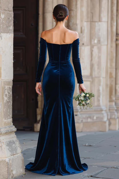 Navy Mermaid Off the Shoulder Velvet Maxi Bridesmaid Dress with Slit