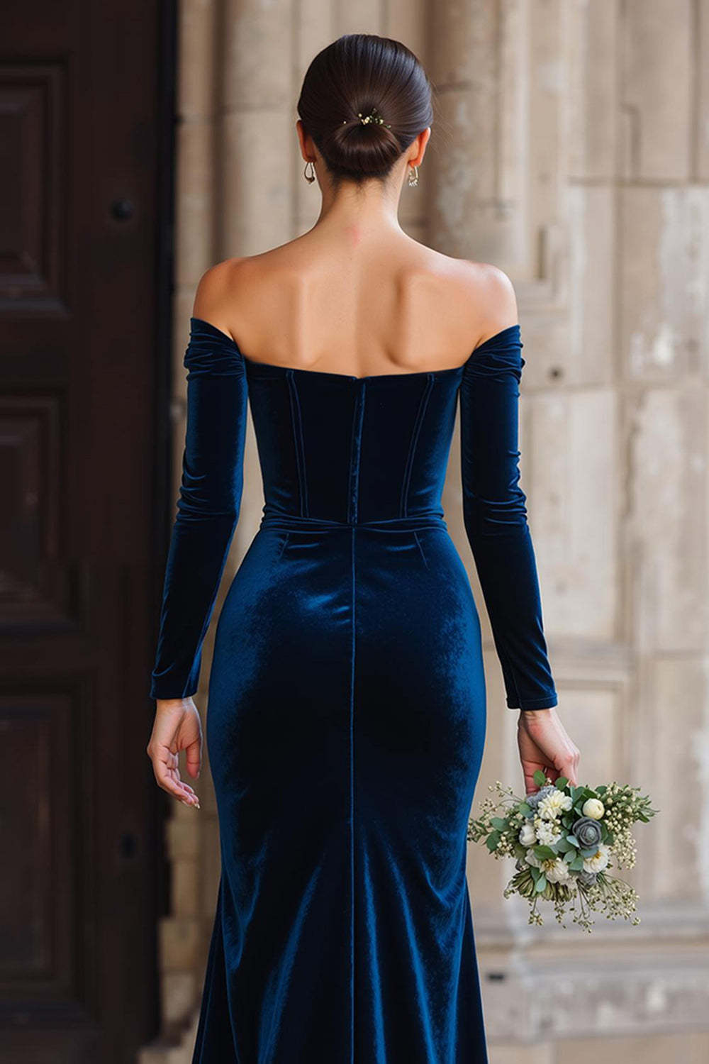 Navy Mermaid Off the Shoulder Velvet Maxi Bridesmaid Dress with Slit