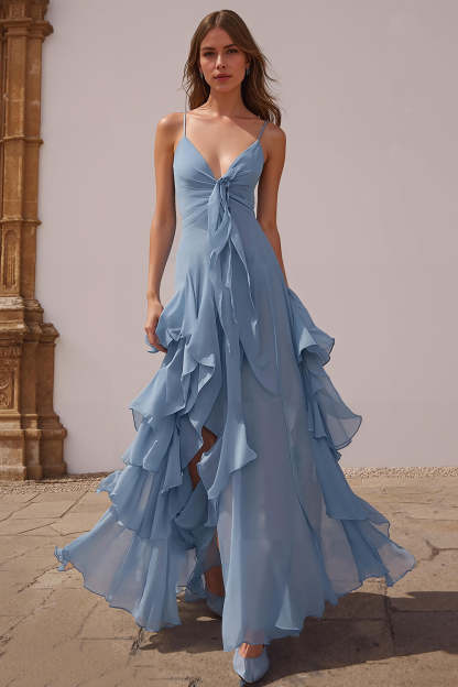 Leely Women Dusty Blue A-Line Chiffon Long Bridesmaid Dress with Ruffles Spaghetti Straps Tiered Wedding Guest Dress