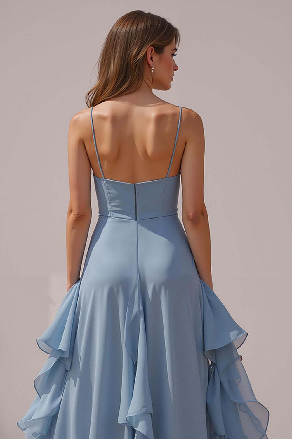 Dusty Blue Chiffon Spaghetti Straps A-Line Long Bridesmaid Dress with Ruffles