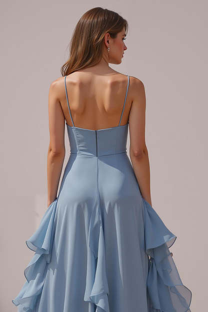 Dusty Blue Chiffon Spaghetti Straps A-Line Long Bridesmaid Dress with Ruffles