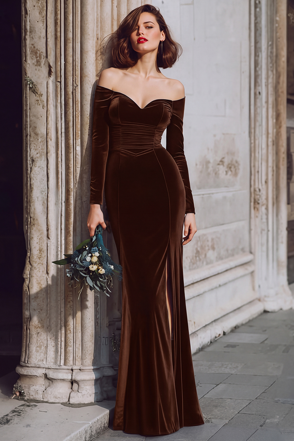 Dark Blue Velvet Off the Shoulder Long Sleeves Mermaid Bridesmaid Dress with Slit