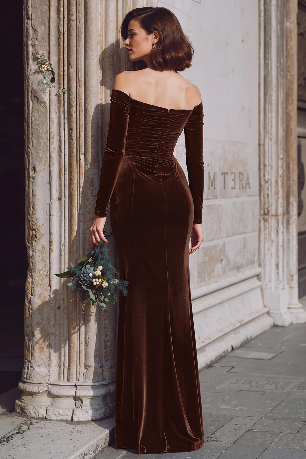 Dark Blue Velvet Off the Shoulder Long Sleeves Mermaid Bridesmaid Dress with Slit