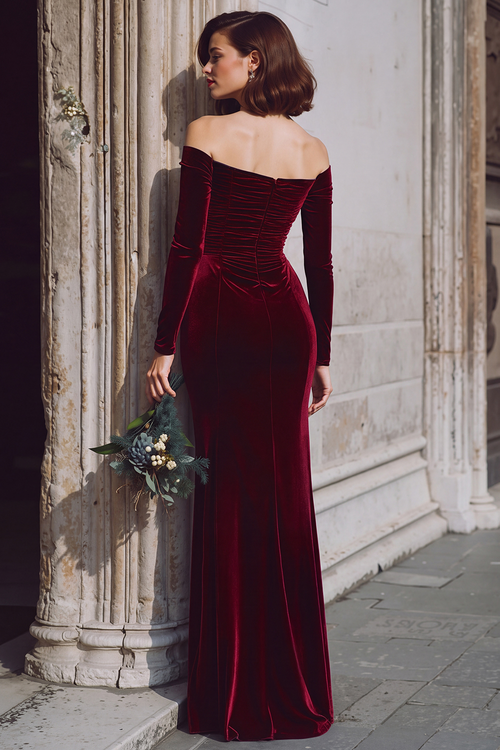 Dark Blue Velvet Off the Shoulder Long Sleeves Mermaid Bridesmaid Dress with Slit