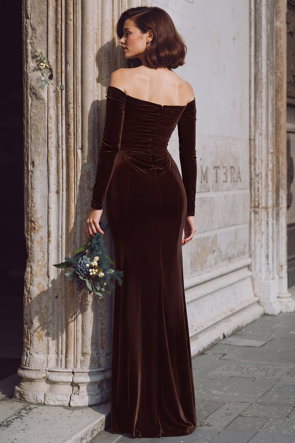 Dark Blue Velvet Off the Shoulder Long Sleeves Mermaid Bridesmaid Dress with Slit