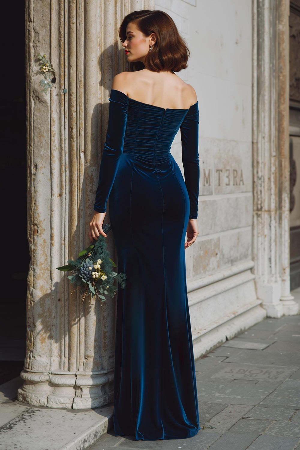Dark Blue Velvet Off the Shoulder Long Sleeves Mermaid Bridesmaid Dress with Slit