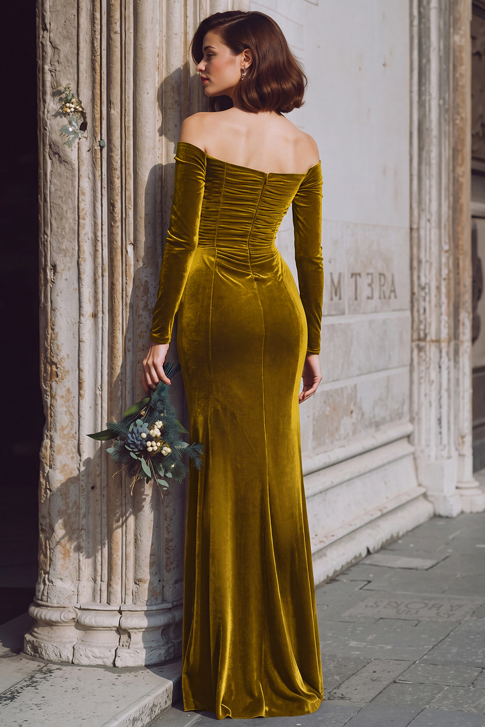 Dark Blue Velvet Off the Shoulder Long Sleeves Mermaid Bridesmaid Dress with Slit