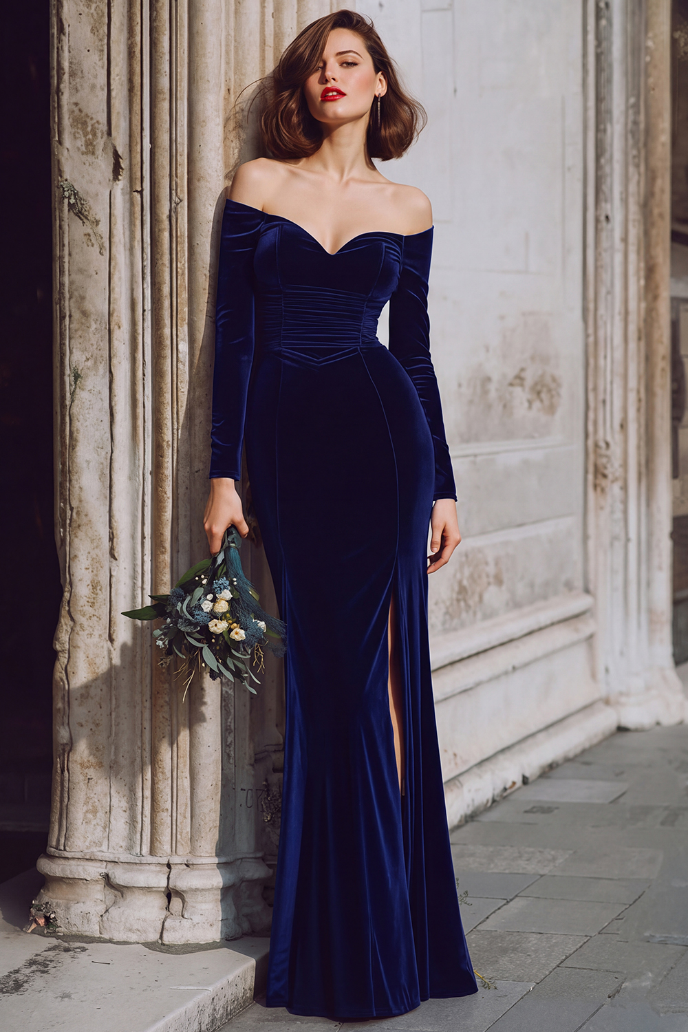 Dark Blue Velvet Off the Shoulder Long Sleeves Mermaid Bridesmaid Dress with Slit