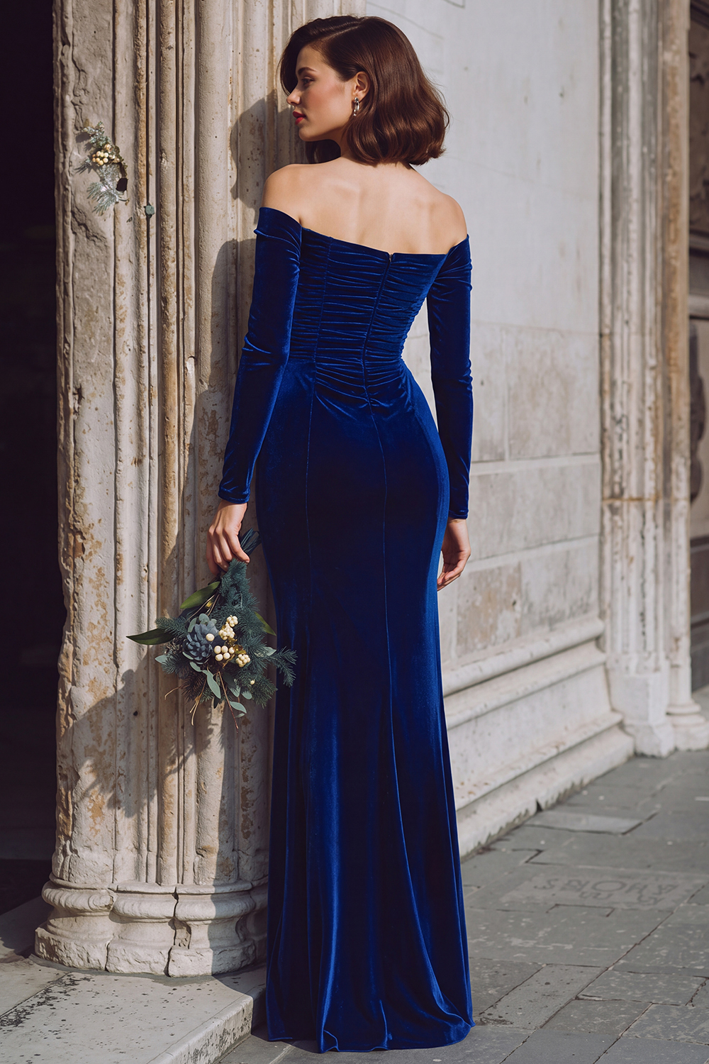 Dark Blue Velvet Off the Shoulder Long Sleeves Mermaid Bridesmaid Dress with Slit