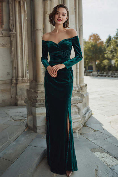 Leely Women Dark Green Velvet Off the Shoulder Mermaid Maxi Bridesmaid Dress Long Sleeves Wedding Guest Dress with Slit