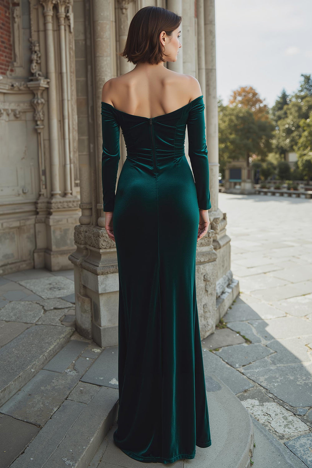 Dark Green Off the Shoulder Velvet Mermaid Maxi Bridesmaid Dress with Slit
