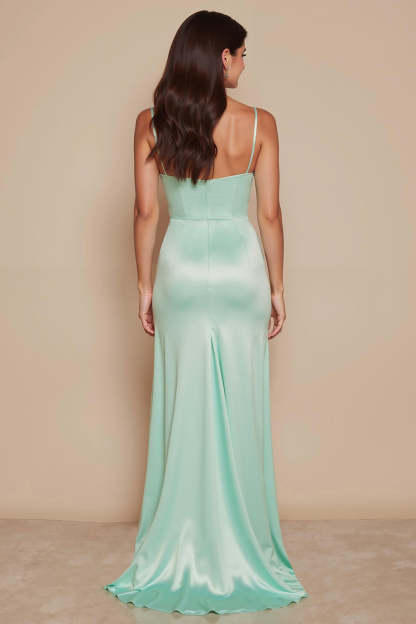 Mint Green Mermaid Spaghetti Straps Satin Maxi Bridesmaid Dress with Slit
