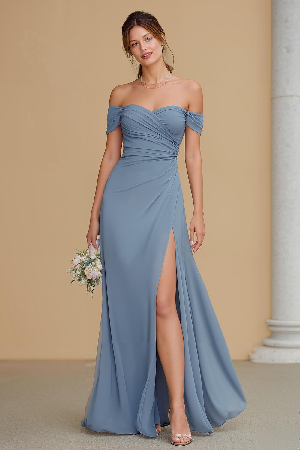 Leely Women Twilight Blue A-Line Chiffon Long Bridesmaid Dress Off the Shoulder Wedding Guest Dress with Slit