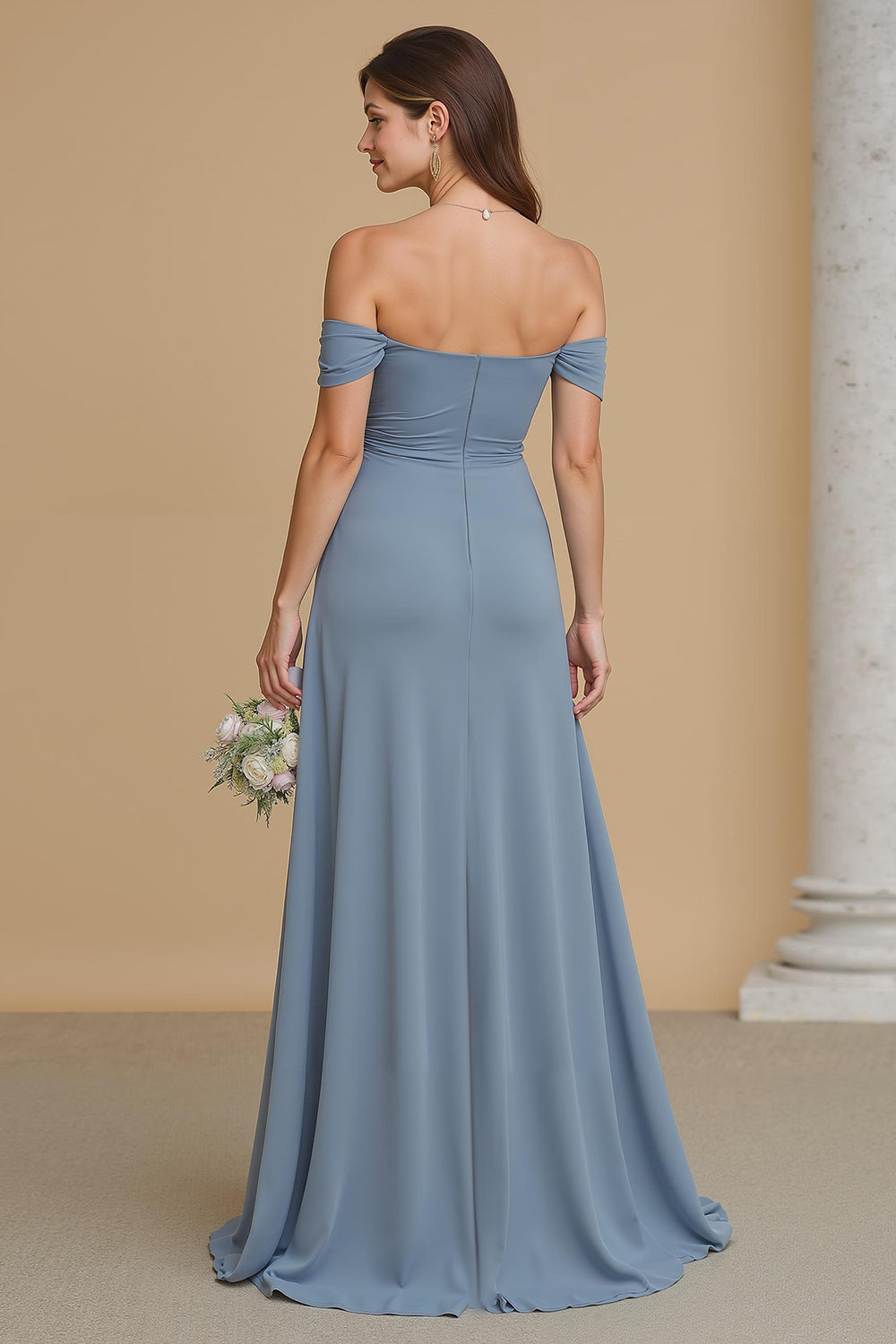 Twilight Blue Chiffon A-Line Off the Shoulder Long Bridesmaid Dress with Slit