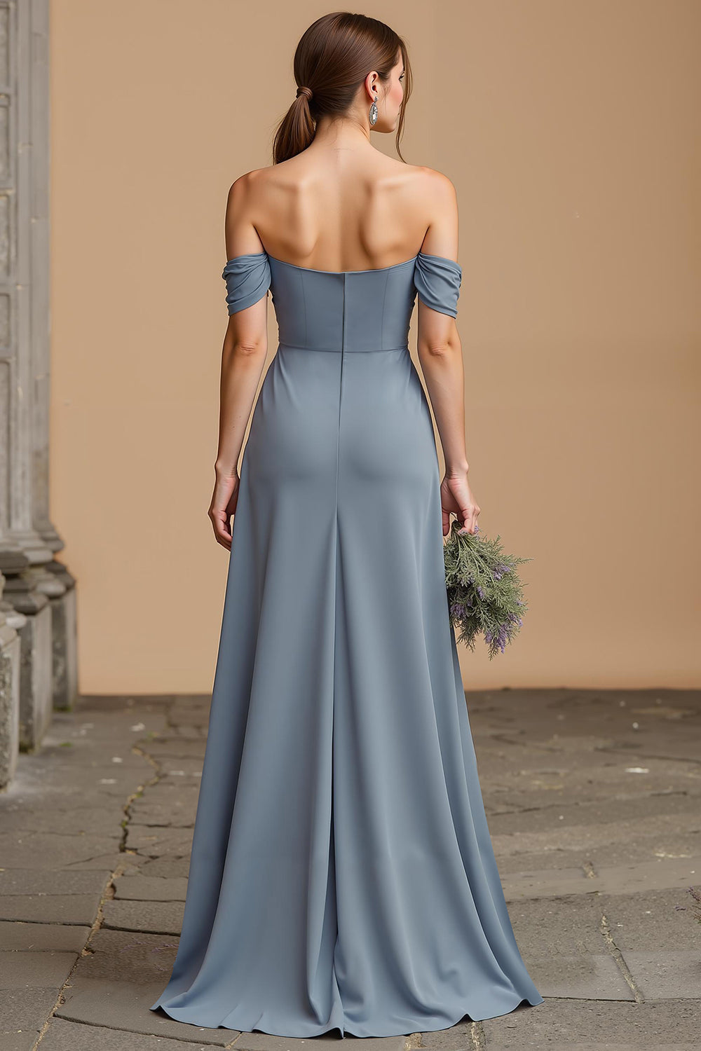 Twilight Blue Off the Shoulder Chiffon A-Line Maxi Bridesmaid Dress with Slit