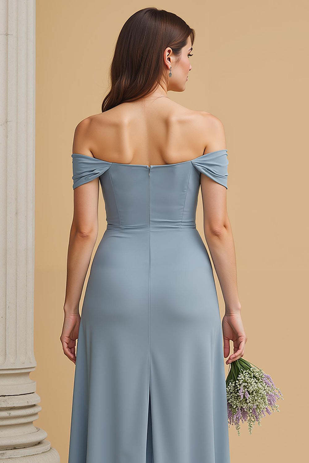 Dusty Blue Chiffon Off the Shoulder A-Line Long Bridesmaid Dress with Slit