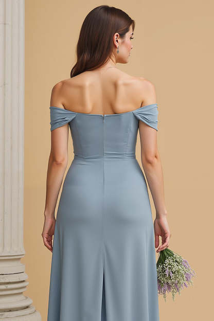 Dusty Blue Chiffon Off the Shoulder A-Line Long Bridesmaid Dress with Slit