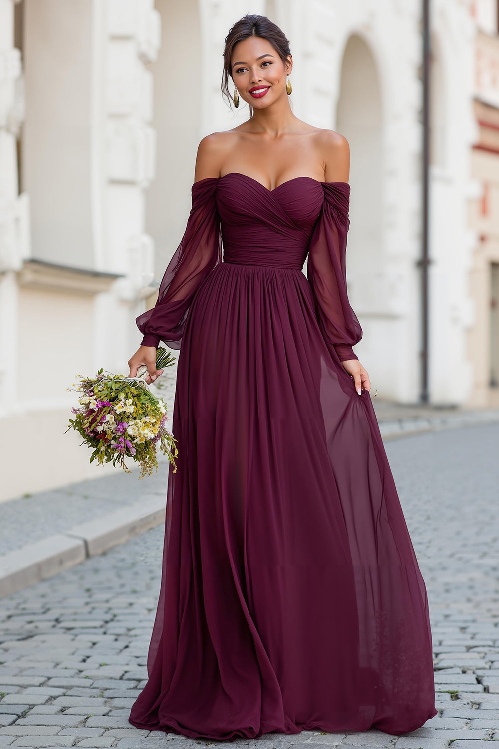 Cabernet Off the Shoulder A-Line Chiffon Maxi Bridesmaid Dress with Sleeves