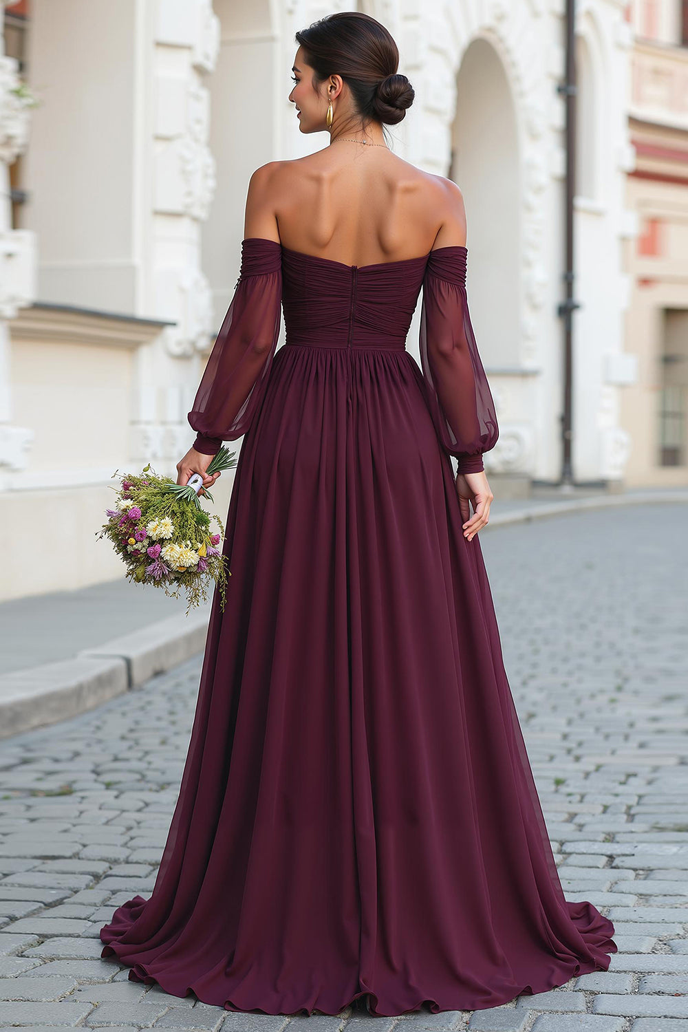 Cabernet Off the Shoulder A-Line Chiffon Maxi Bridesmaid Dress with Sleeves