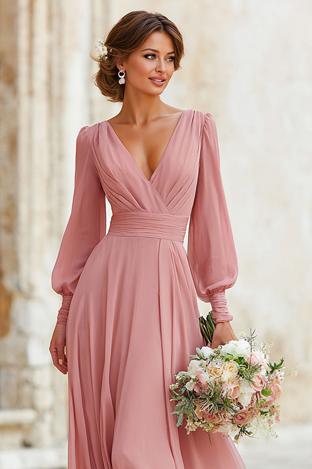 Dusty Rose V-Neck A-Line Chiffon Maxi Bridesmaid Dress with Sleeves