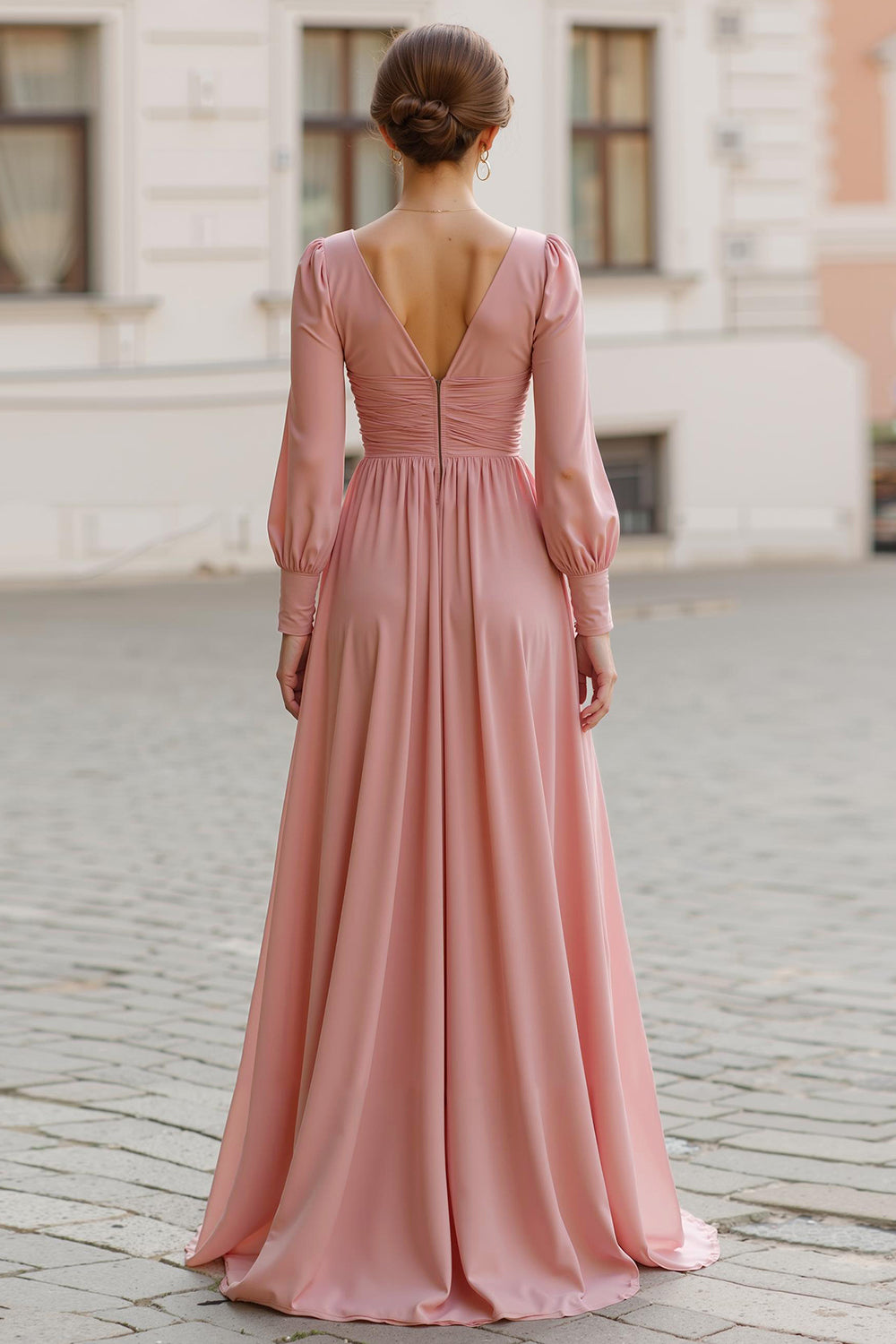 Dusty Rose V-Neck Chiffon A-Line Long Bridesmaid Dress with Sleeves
